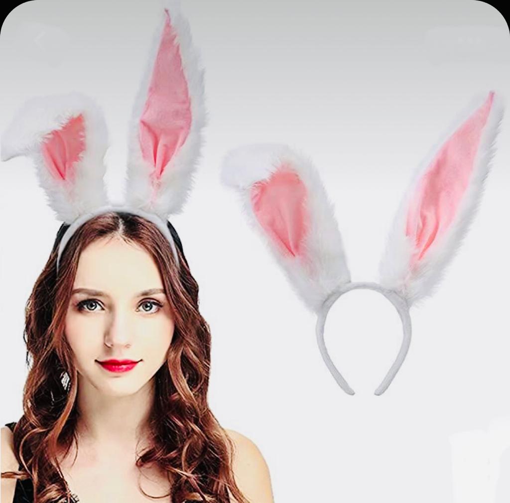 VINCHA OREJAS DE CONEJO SUPER LUJO CON ALAMBRE BLANCO CON ROSA 42 CM x 1